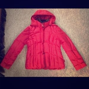 Calvin Klein Red Puffer Hooded Coat, Fur Collar