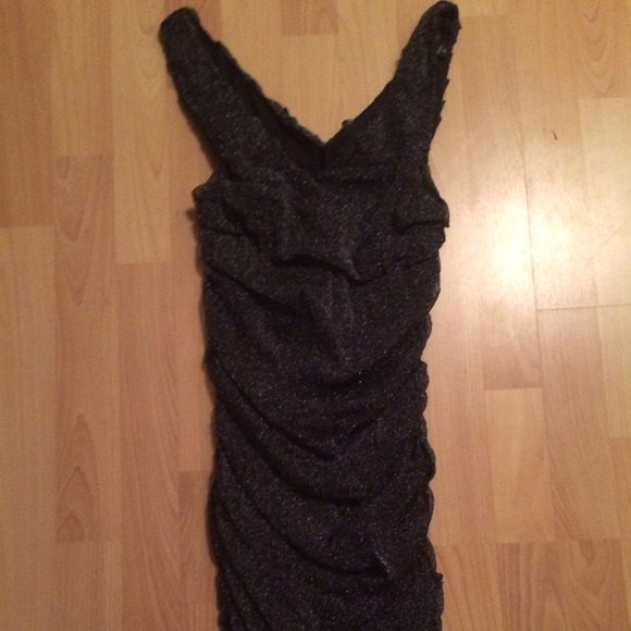 Black and silver sparkle dress with ruching.