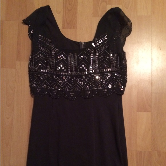 Dark blue dress with beaded sheer overlay