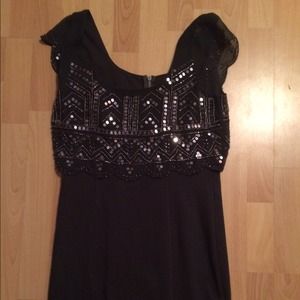 Dark blue dress with beaded sheer overlay