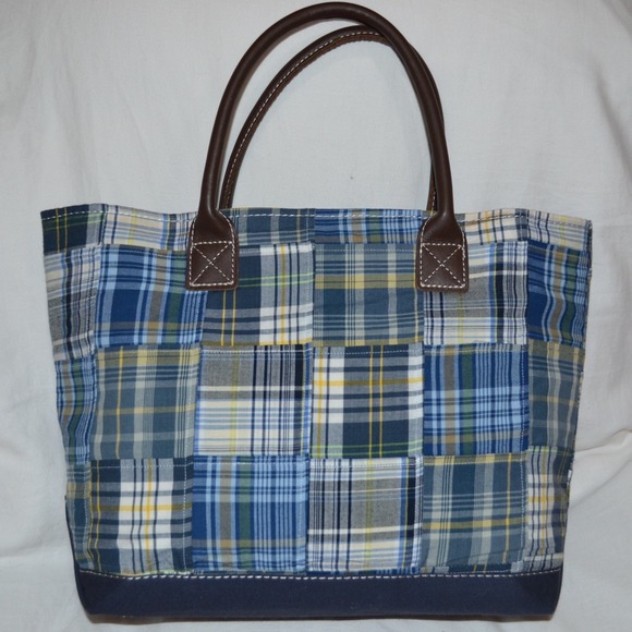 💙 L.L. Bean Leather-Handled Madras Tote 💙
