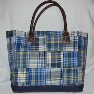 💙 L.L. Bean Leather-Handled Madras Tote 💙