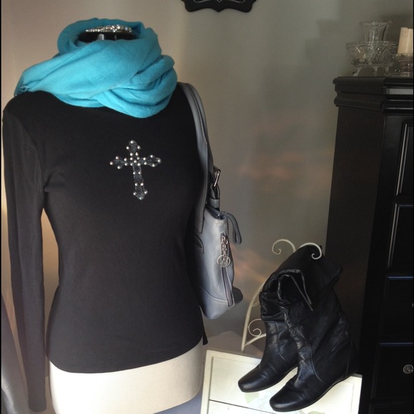GAP Black Long Sleeve Rhinestone Cross Top