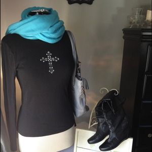 GAP Black Long Sleeve Rhinestone Cross Top