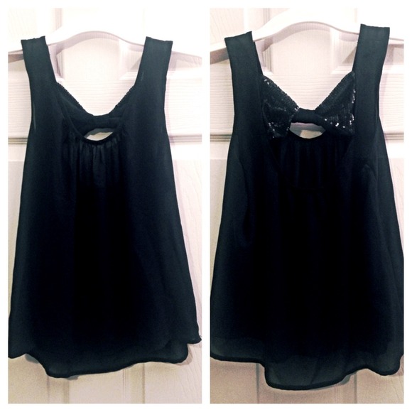 Flowy Black Translucent Top w/ Sparkly Back Bow