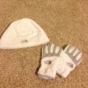 Fuzzy white North Face brand hat and gloves