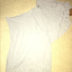 Grey one shoulder dress.