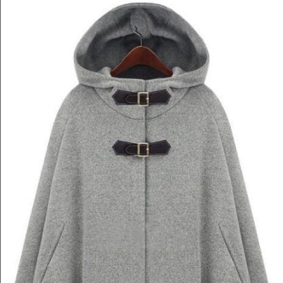 Women's Grey Hoodie Two PU Buckle Woolen Cape Coat