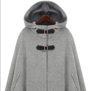 Women's Grey Hoodie Two PU Buckle Woolen Cape Coat