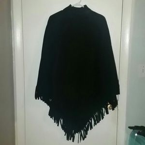 Black Collared Fringe Bottom Poncho