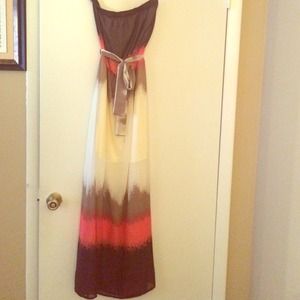 Brown & Coral Striped Chiffon Strapless Maxi Dress