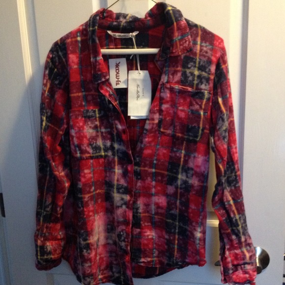 Red plaid bleach splatter shirt, size S