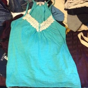 Teal lace lightly stripped tank top