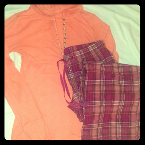 Sherbet-orange waffle-weave hooded henley PJ top - Picture 1 of 3