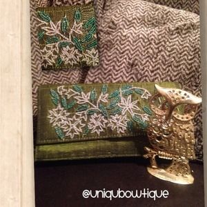 Hunter green beaded clutch