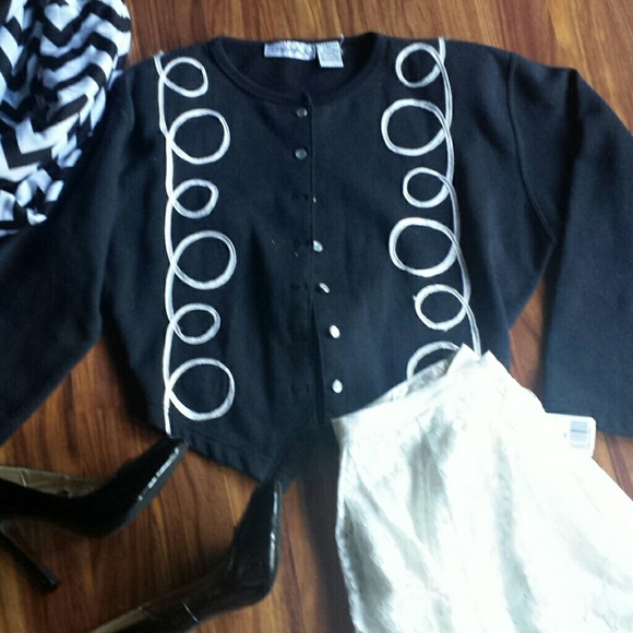 Vintage black jacket with white ribbon swirls