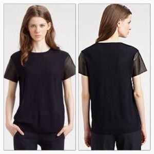 Vince dark blue wool knit w black leather sleeves