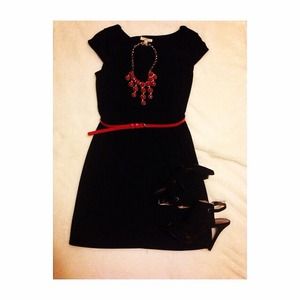 Boutique black dress with high waist red belt