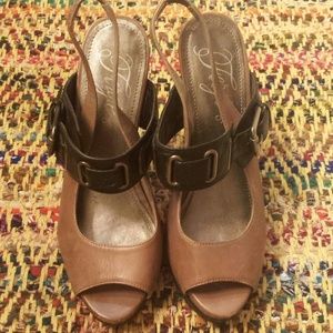 Brown and Black Leather Buckle Heels