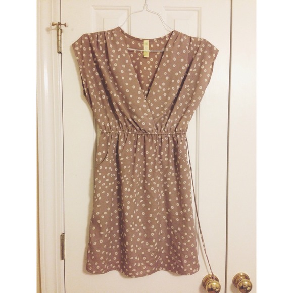 tan and white polka dot dress