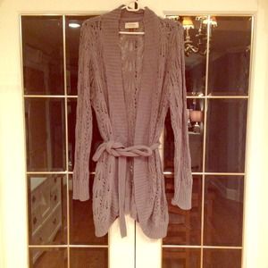 Long grey, knit, tie-waist tunic sweater
