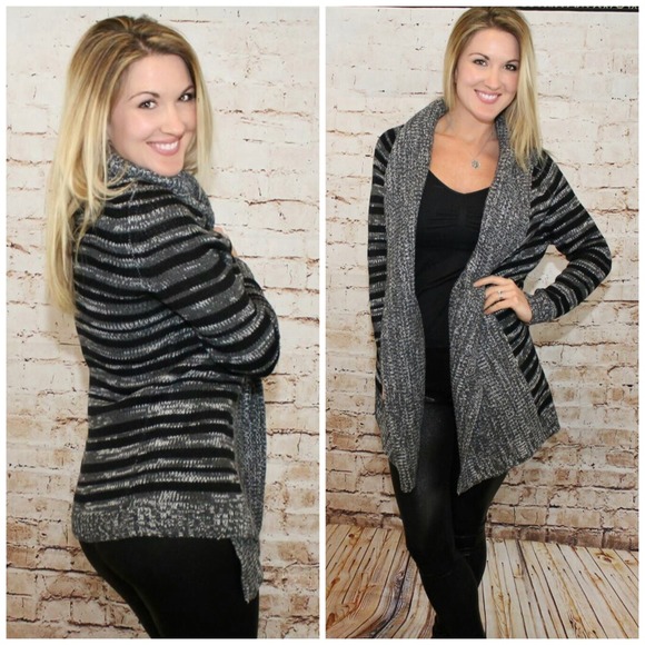 🆕 Striped Cardigan Sweater Coat, Black & Gray