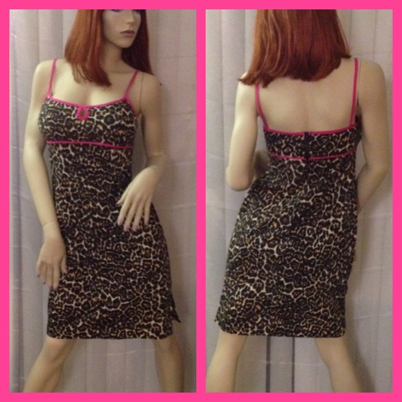 Leopard print wiggle dress with hot pink piping