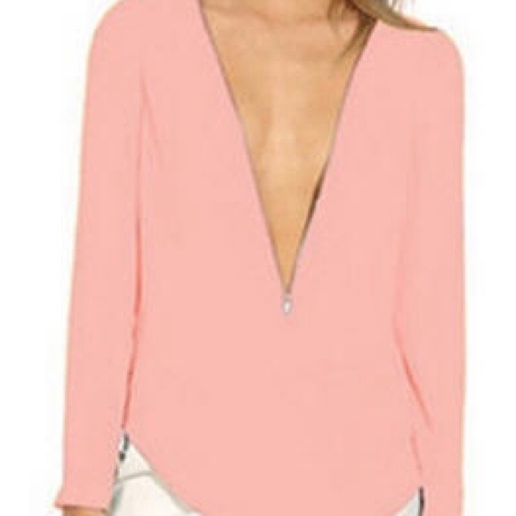 Pink Sheer Deep V-Neck Zipper Chiffon Blouse - Picture 2 of 4