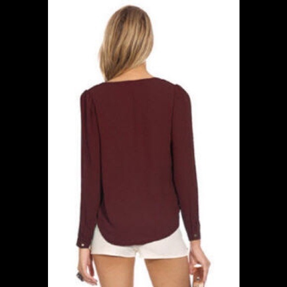 Maroon Sheer Deep V-Neck Zipper Chiffon Blouse - Picture 2 of 4