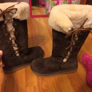 Brown UGGs lace up side