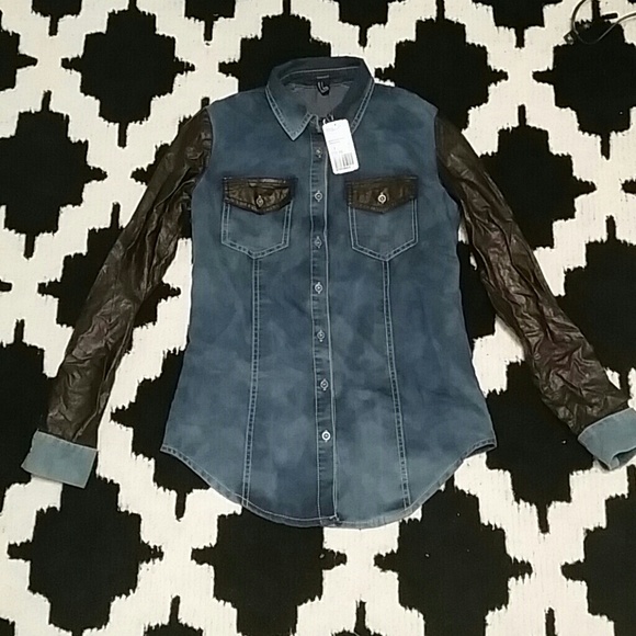 Forever 21 Denim Blouse w/ Faux Leather Accents