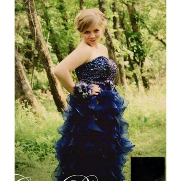 Navy Blue Hi Low Sherri Hill Prom Dress. - Picture 2 of 4