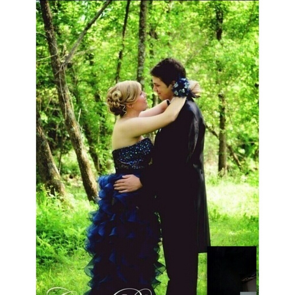 Navy Blue Hi Low Sherri Hill Prom Dress. - Picture 3 of 4