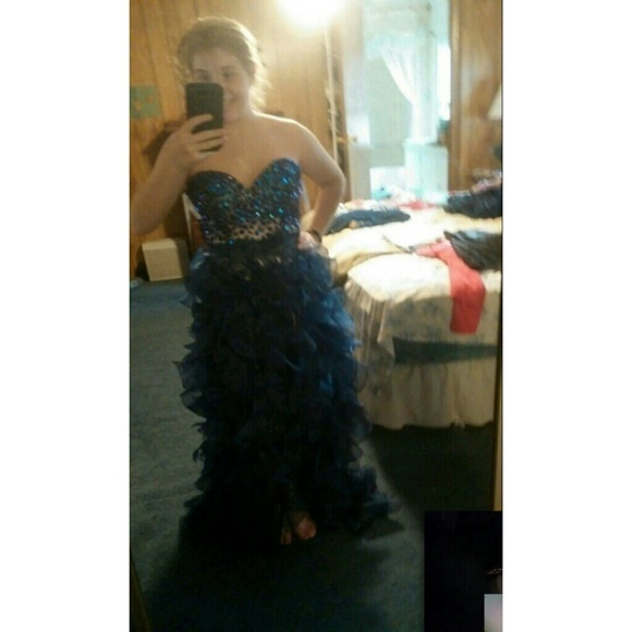 Navy Blue Hi Low Sherri Hill Prom Dress. - Picture 4 of 4