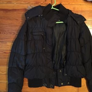 Black down jacket with faux fur hood