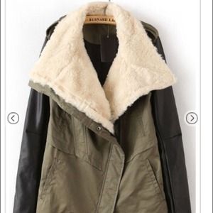 Army Green Faux Fur Lapel Contrast Leather Sleeve