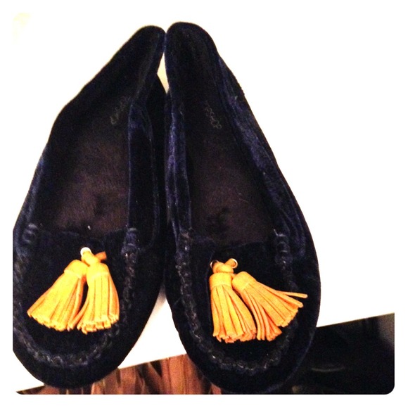 TopShop Blue Velvet Flats with Mustard Tassel