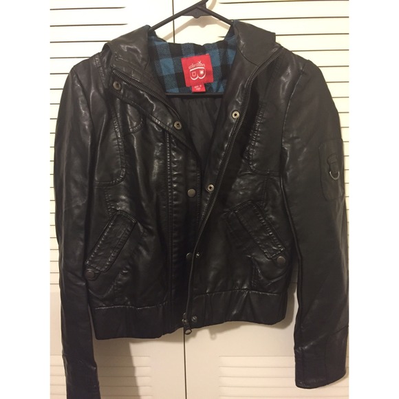 SALE Black Faux Leather Jacket with Hoodie