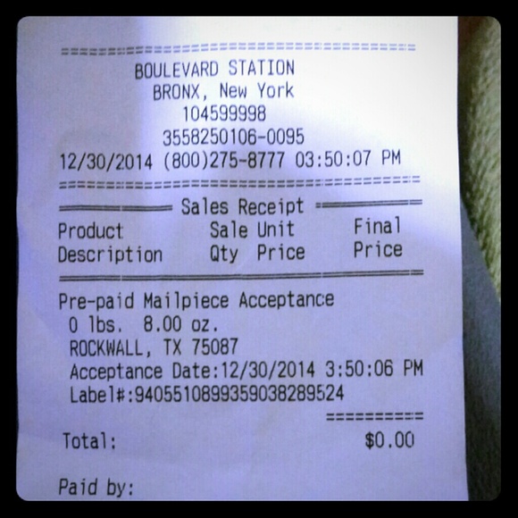 Receipt w/ tracking info