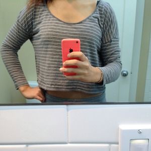 Gray and White Striped Long Sleeve Crop Top