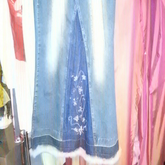 Maxi denim skirt real fur trim