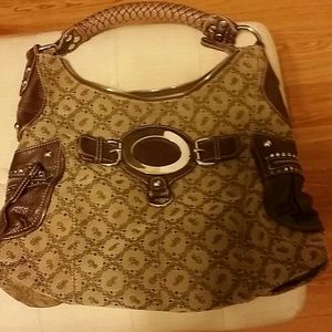 LARGE TAPESTRY AND LEATHER BAG