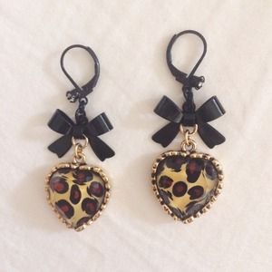 Crystal Leopard Heart & Black Bow Drop Earrings
