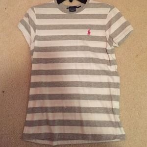 Grey and white striped with pink Pony polo