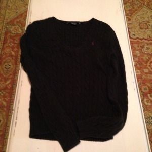 Women's black cable knit v neck sweater