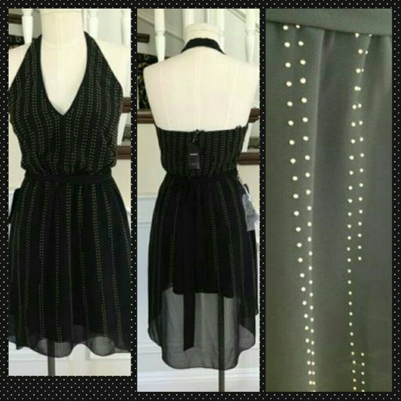 Bebe halter style hi low hem gold stud dress