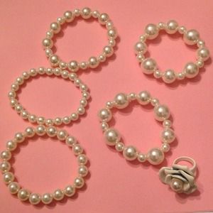 5 faux pearl bracelets and white flower/pearl ring