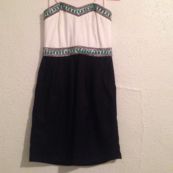 Formal black and white dress with teal beads
