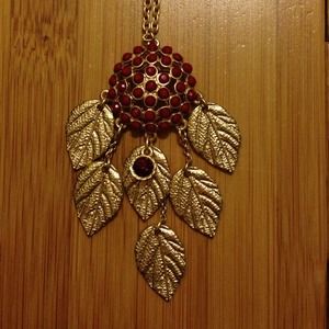 Beaded Red Pendant with Bronze Leaves