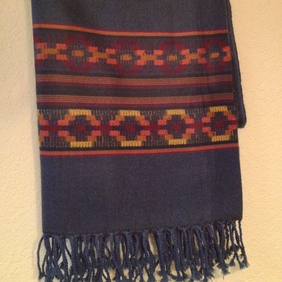 Handmade Blue Poncho Wrap with Aztec Pattern - Picture 3 of 4